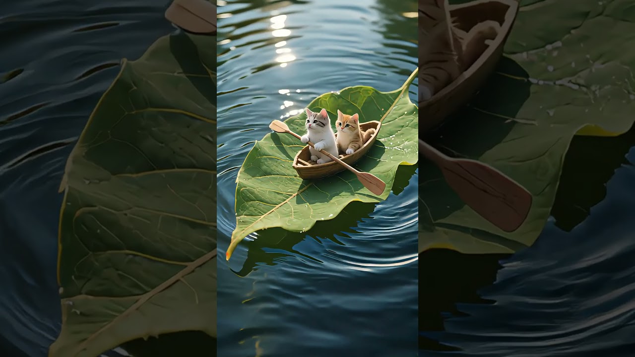 Two lovely little kittens are sitting in a small leaf - shaped boat.